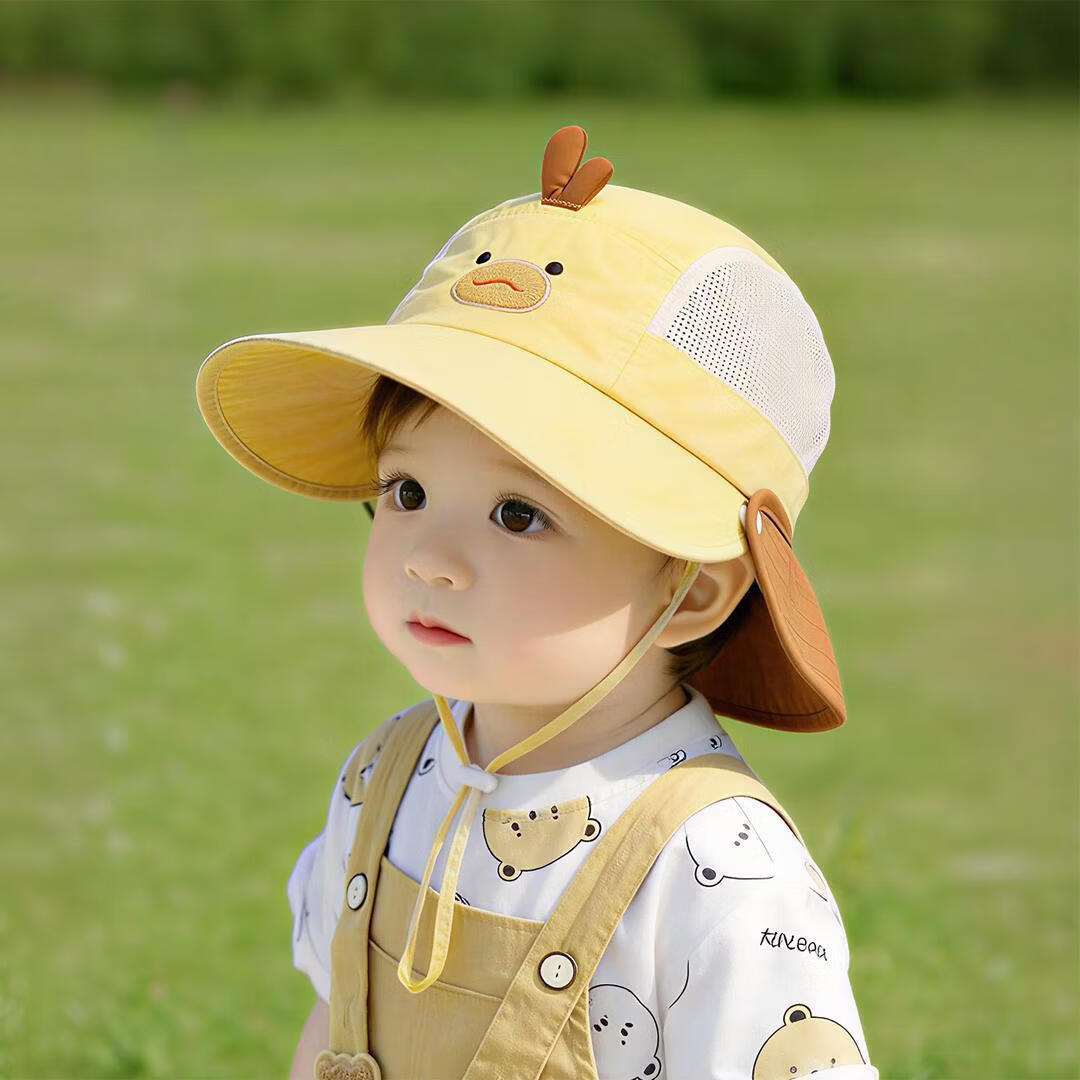 wua·wua儿童帽子春夏季透气薄款防晒帽男女宝宝可爱卡通户外遮阳帽渔夫帽 立体卡通双檐黄 1-5岁头围46-52cm)