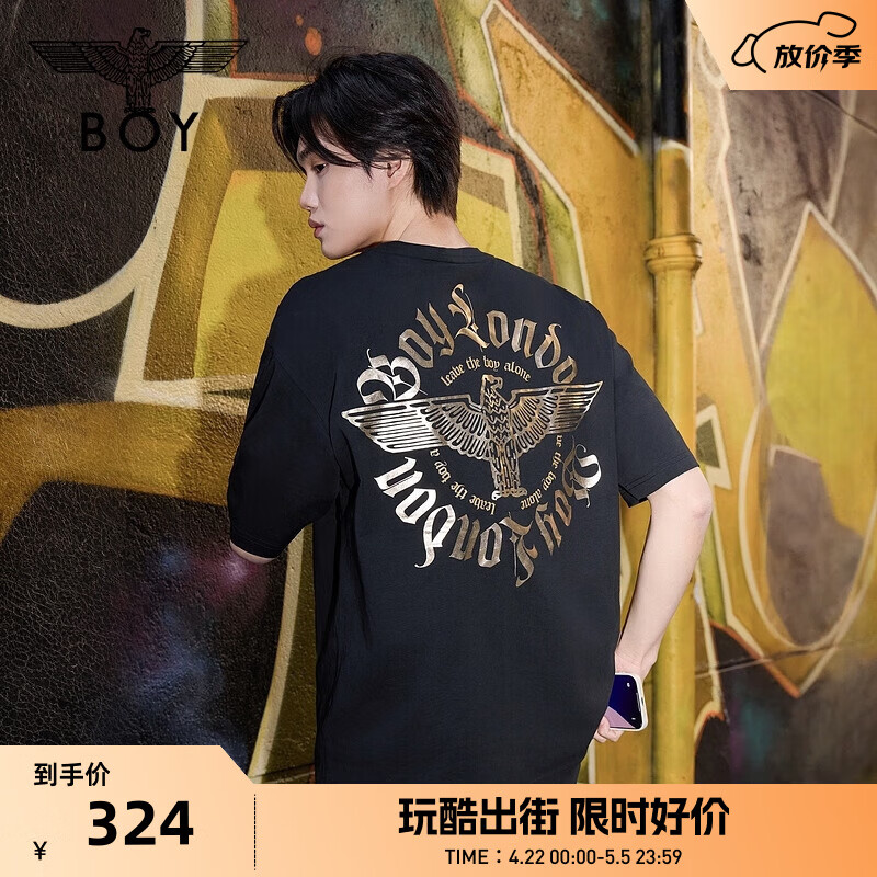 BOY LONDON【璀璨烈阳】夏季男女同款T恤烫金宽松潮牌短袖N01805 黑色 XL