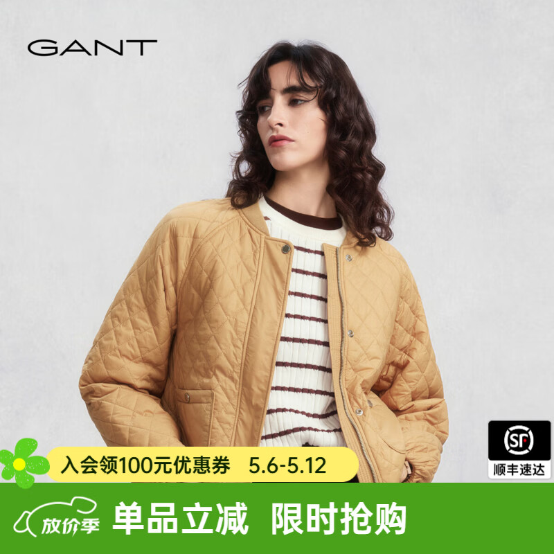 GANT/甘特2024冬季新款女士宽松简约纯色菱格休闲棒球领棉服外套 296-卡其色 2XL