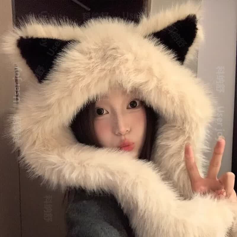 QUEEN TRIP加厚毛绒绒狐狸耳朵帽子围巾一体秋冬季防寒保暖雷锋帽护颈显脸小 米色【加厚狐狸耳朵帽】