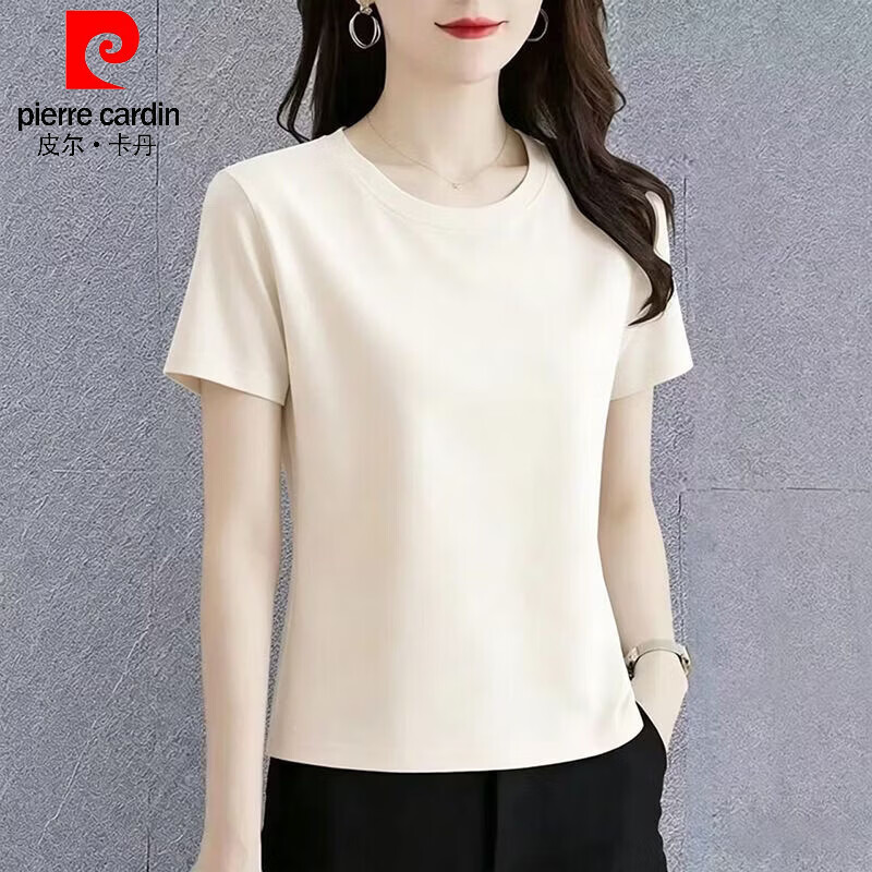 皮尔卡丹（pierre cardin）纯棉简约酒红色短袖t恤女夏季2026新款圆领薄款修身百搭女装上衣 【酒红色】 2XL 建议125-135斤