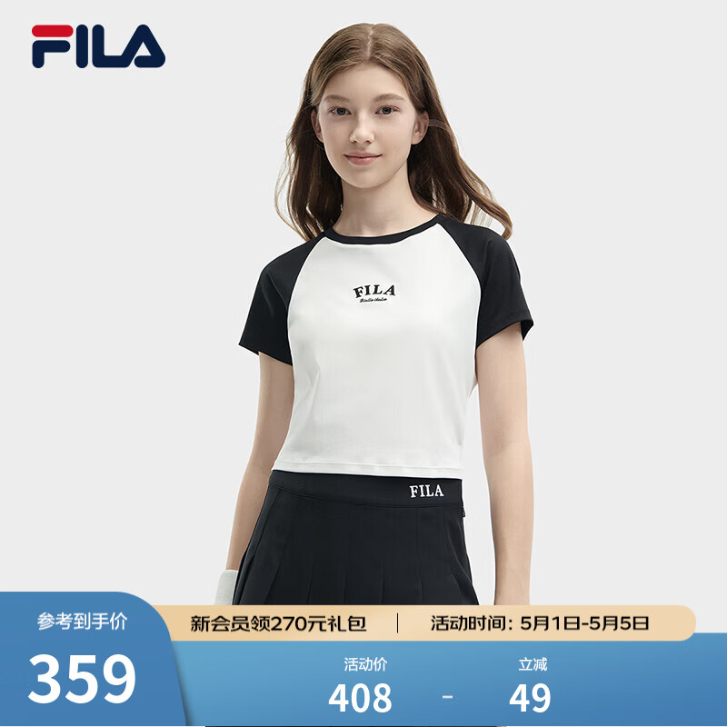 FILA 斐乐官方女子针织短袖衫夏季新款时尚凉感防晒插肩袖T恤 正黑色-BK M 165/84A