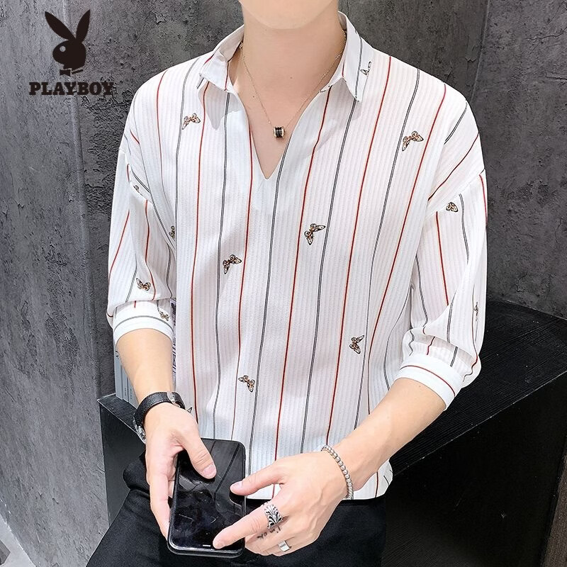 花花公子(PLAYBOY)衬衫v领七分袖t恤男士宽松高端短袖条纹polo衫夏季中袖青年上衣服 白色7101 M