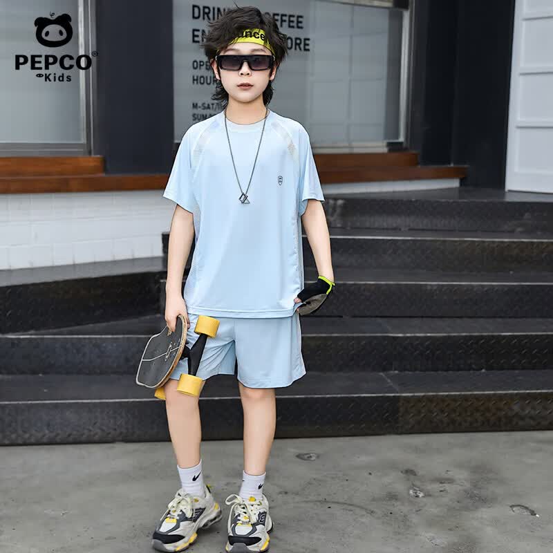 小猪班纳(PEPCO)新款儿童速干球衣男女童夏季透气休闲短袖短裤两件套宝宝球服套装 冰川蓝(A款) 120