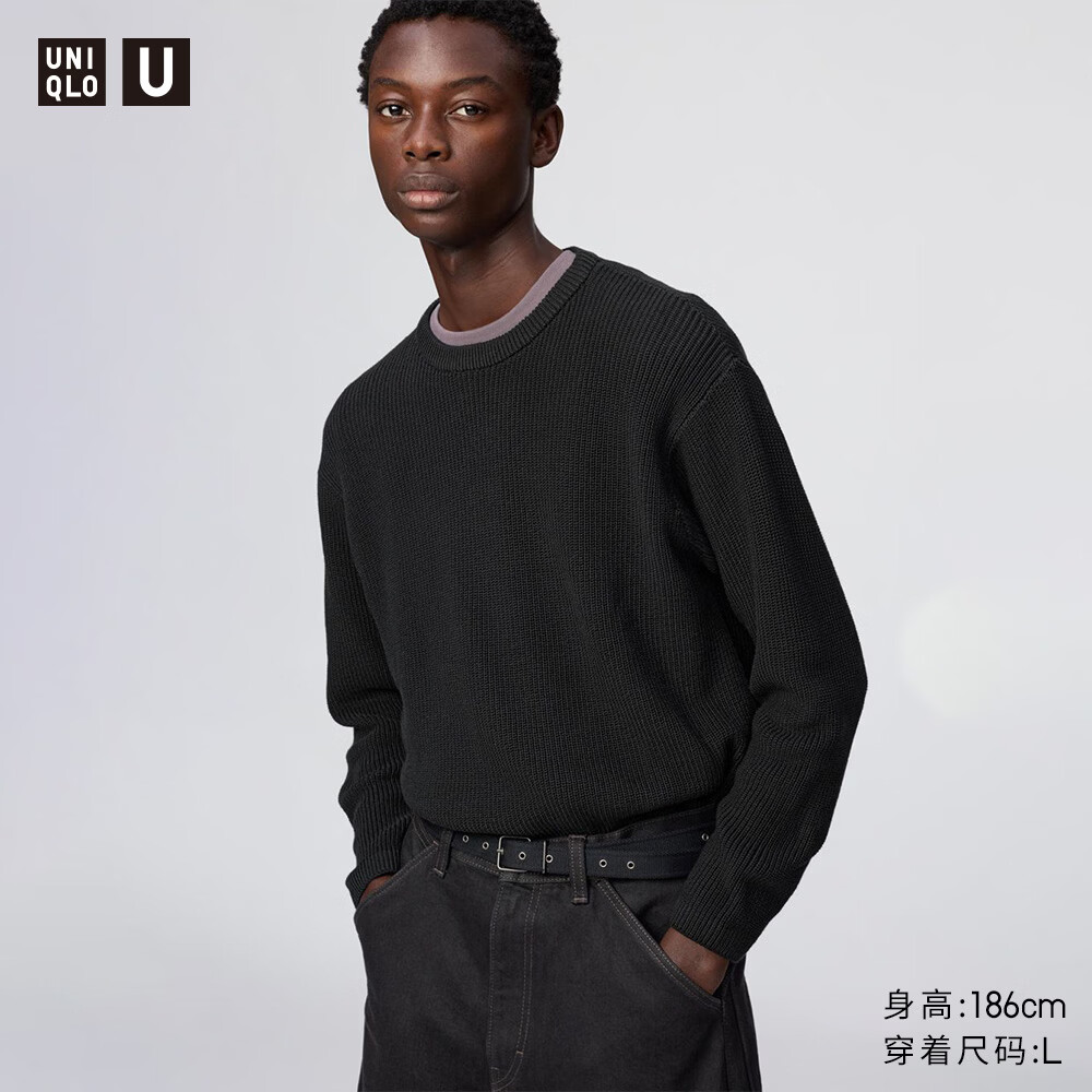 优衣库合作款/男装圆领针织衫/长袖毛衣毛衫484150 09 黑色 XL