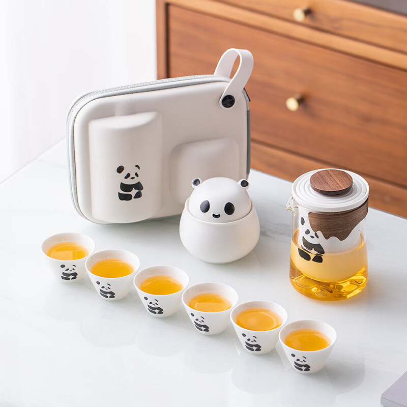 星舵熊猫快客杯便携式旅行茶具小套装玻璃泡茶壶茶水分离户外露营专用 远山玻璃熊猫一壶六杯+茶叶罐[礼