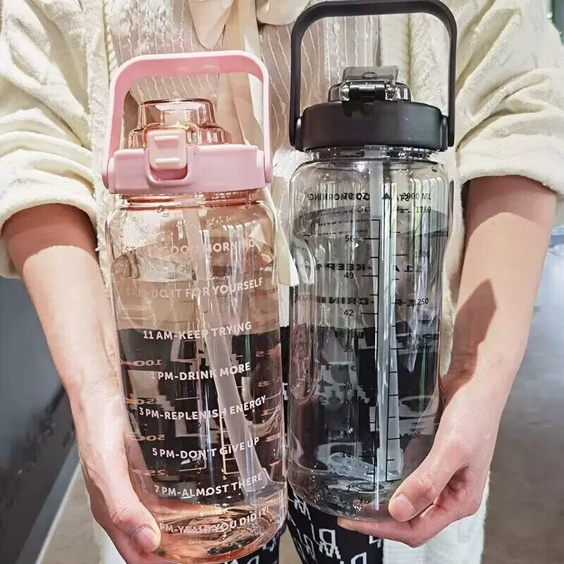 亚创优品+大容量水杯吨桶顿水壶带吸管刻度2000ml男女生ins学生高颜值水杯 蓝色-2000ml【吸管/刻度】