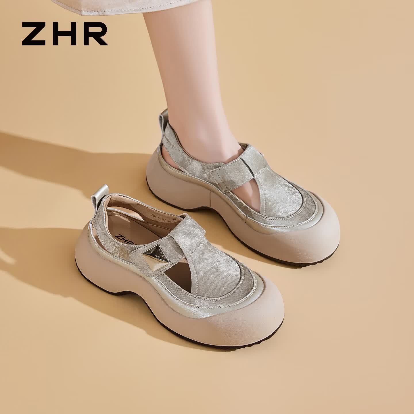 ZHR则则厚底凉鞋女2026新款女鞋夏季透气休闲运动猪皮垫鞋子女GU06香槟37