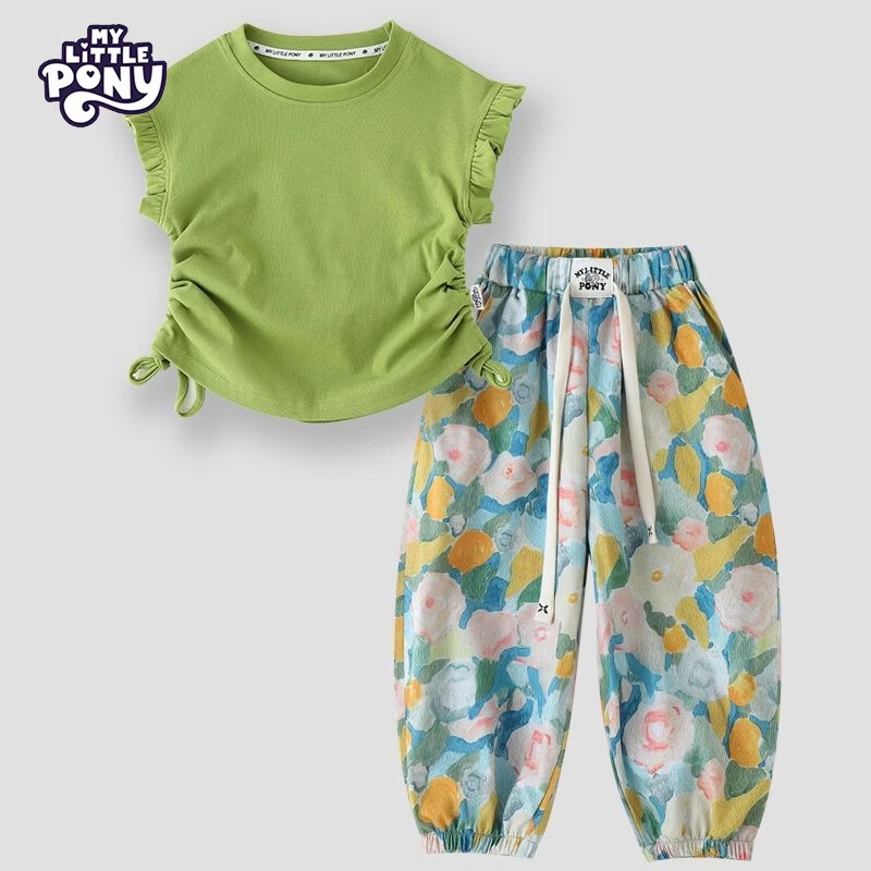 小马宝莉(MY LITTLE PONY)女童夏季韩版网红炸街套装中大儿童新款上衣防蚊裤两件套 果绿色套装XMBL16 150 建议140-150cm