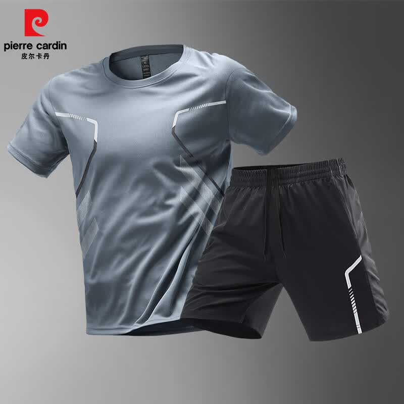 皮尔卡丹（pierre cardin）夏季运动套装男士短袖短裤速干衣跑步健身服休闲运动服装款 灰色 XL