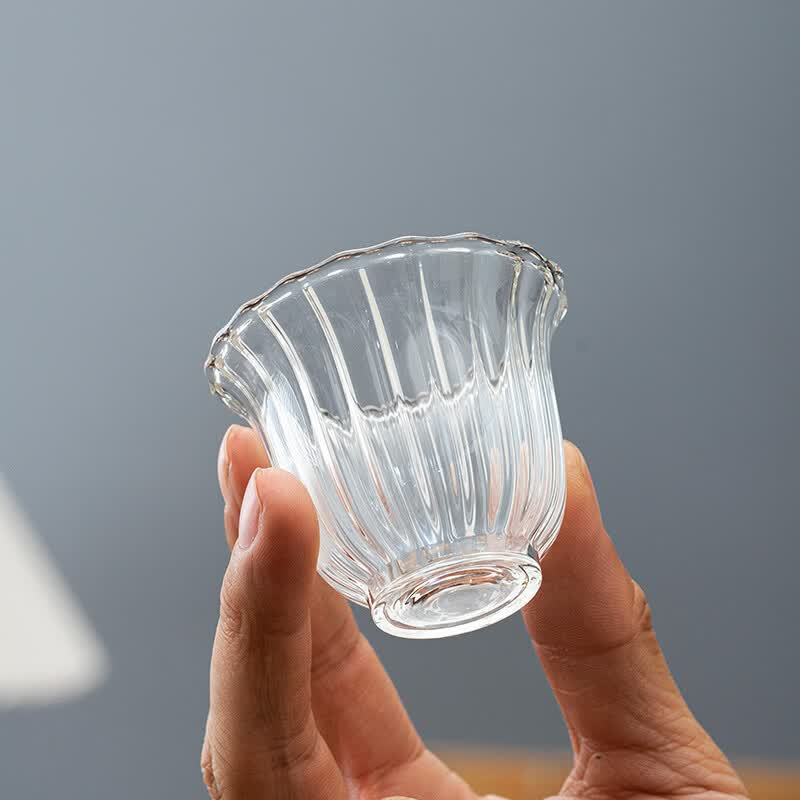 颖器玻璃品茶杯耐热品茗杯功夫茶具配件小杯子加厚透明单杯茶碗主人杯 玻璃花瓣杯【6只装】