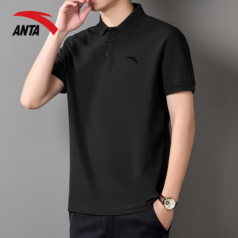 安踏(ANTA)速干冰丝polo衫短袖男2026夏季新款半袖男士t恤运动高端男装衣服 基础黑(冰丝速干/三纽扣) S /165(90-100斤)