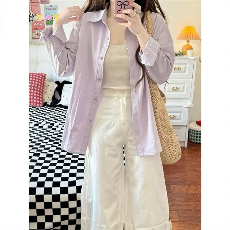 100%纯棉甜美显白浅紫色衬衫女衣外套百搭气质休闲上衣开衫 克莱因蓝色 有口袋 508 S