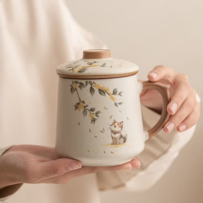 威尔斯伯格陶瓷茶杯带盖个人专用高端汝窑茶水分离杯带把手泡茶壶办公室家用 桂花猫礼盒三件套