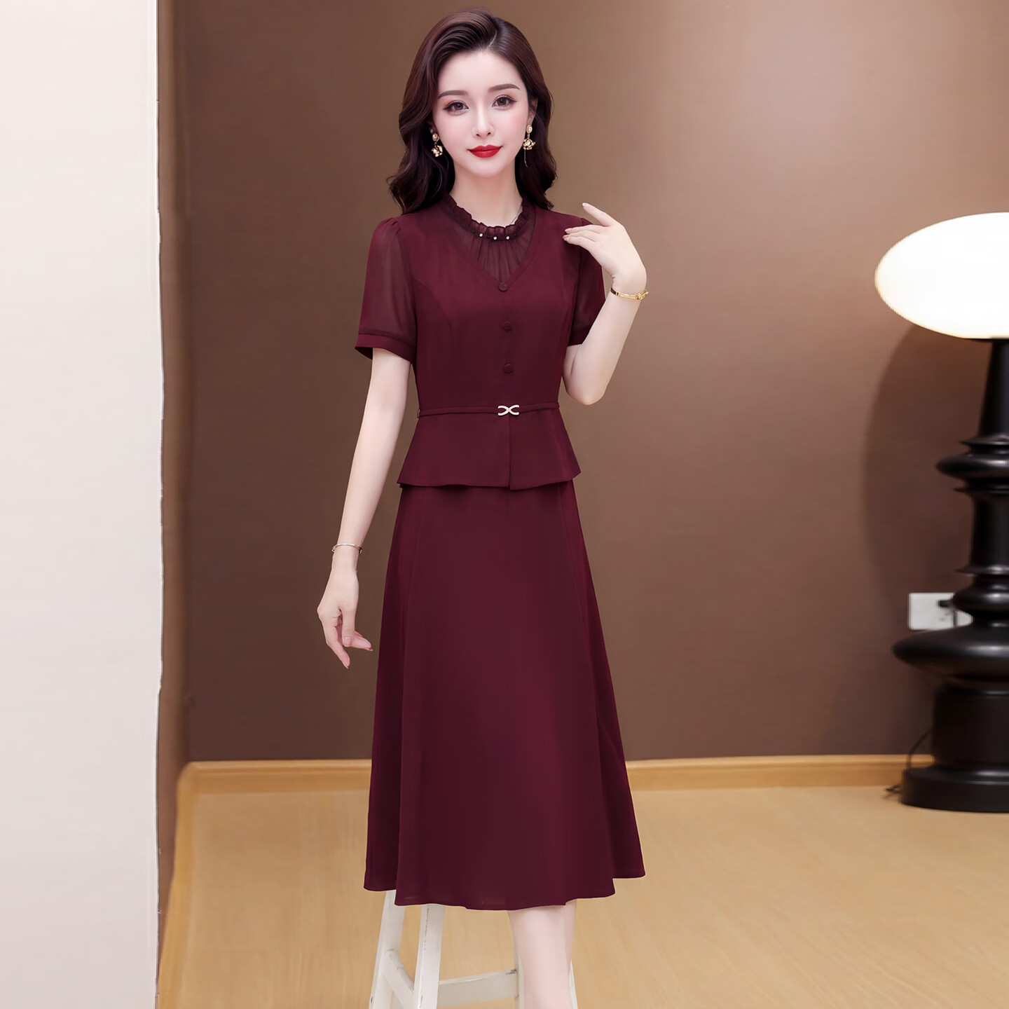 香影芬高档短袖假两件连衣裙女2026夏季新款喜婆婆妈妈婚宴礼服连衣裙 图片色 L (建议85-100斤)