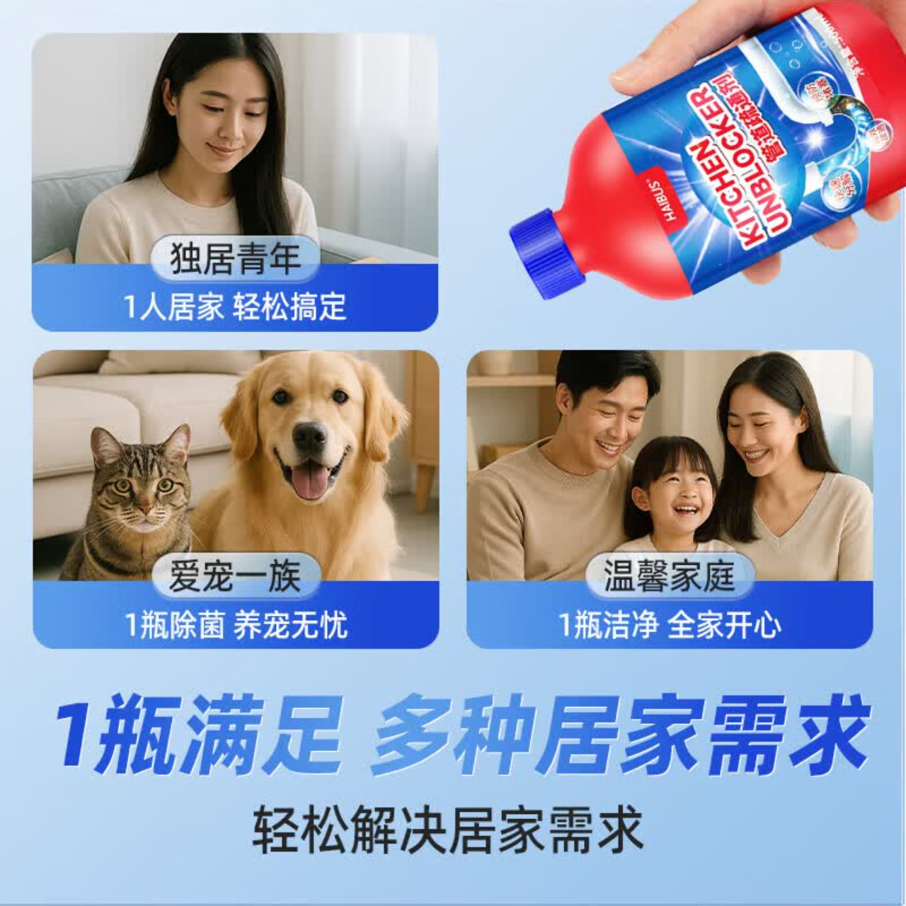 海布森（HAIBUS）下水管道疏通剂强力油脂溶解通清理厨房卫生间马桶重油污堵塞神器 500ml 5瓶装【超值囤货装】