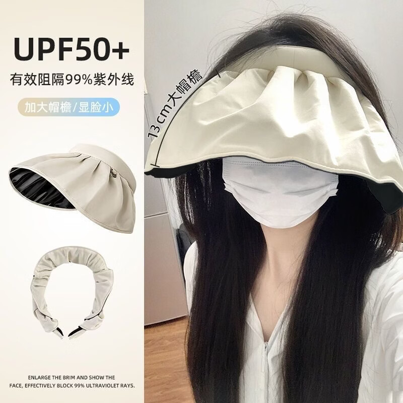 黑胶贝壳帽夏季两用发箍遮阳帽女防晒紫外线空顶户外电动车装备2 米白色