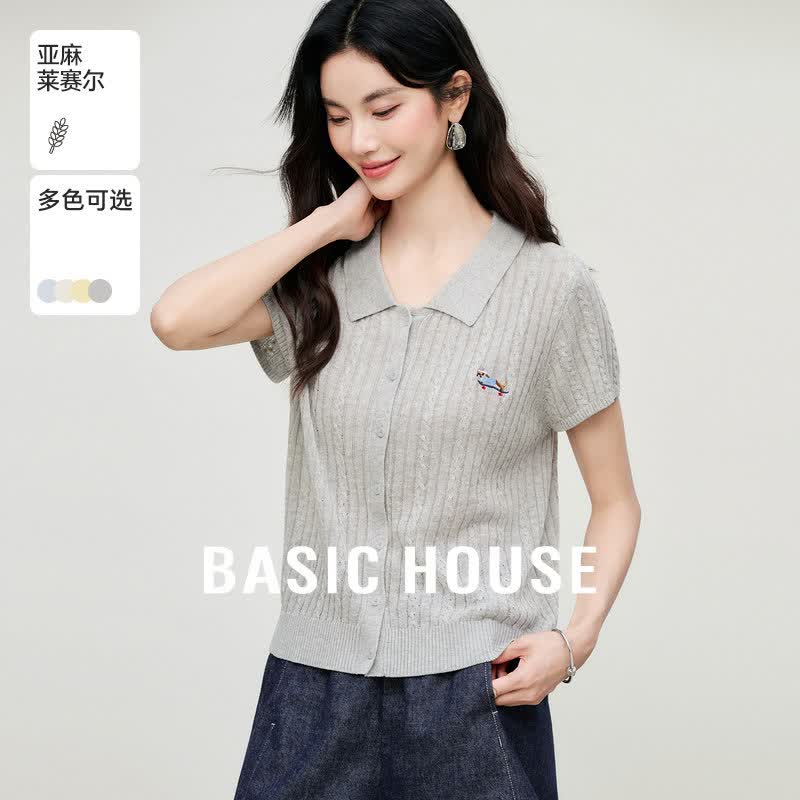 百家好（Basic House）夏季新款polo领短袖细麻花刺绣单排扣亚麻针织衫简约潮流休闲女装 灰色 L