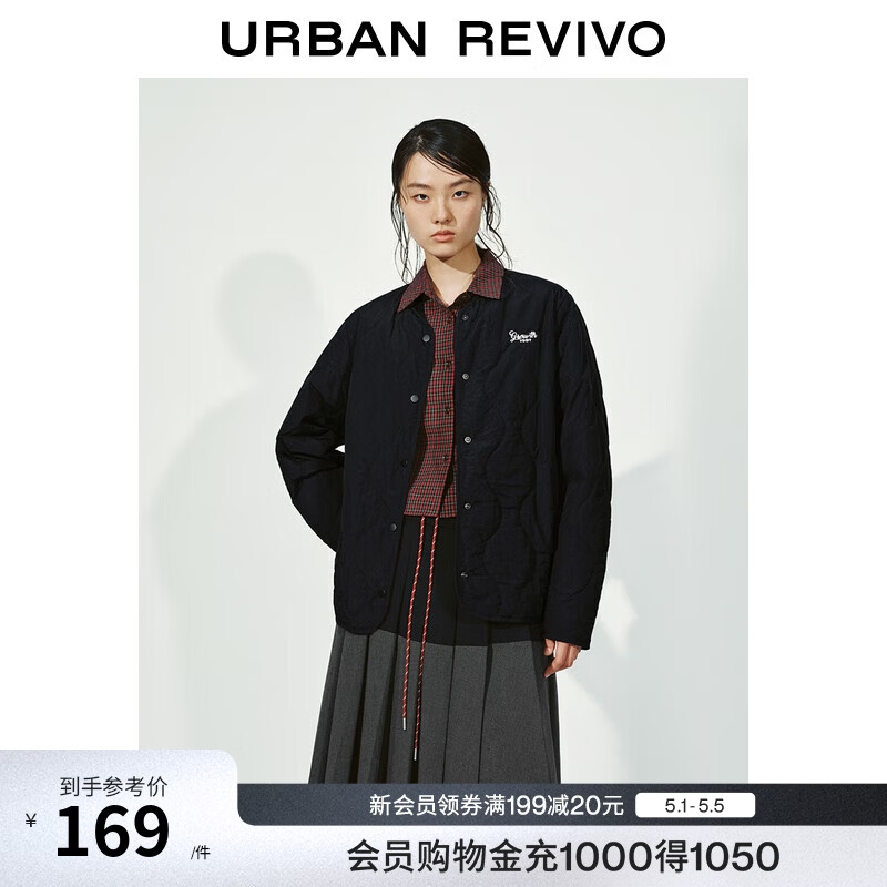 UR冬季新款女装休闲立领字母刺绣绗缝棉服UYY150111 黑色 M