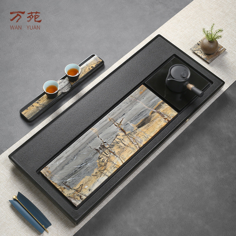 天然乌金石茶盘家用高端轻奢岩板办公茶台带排水石头功夫茶具 国悦国画乌金石 100.30进口材料