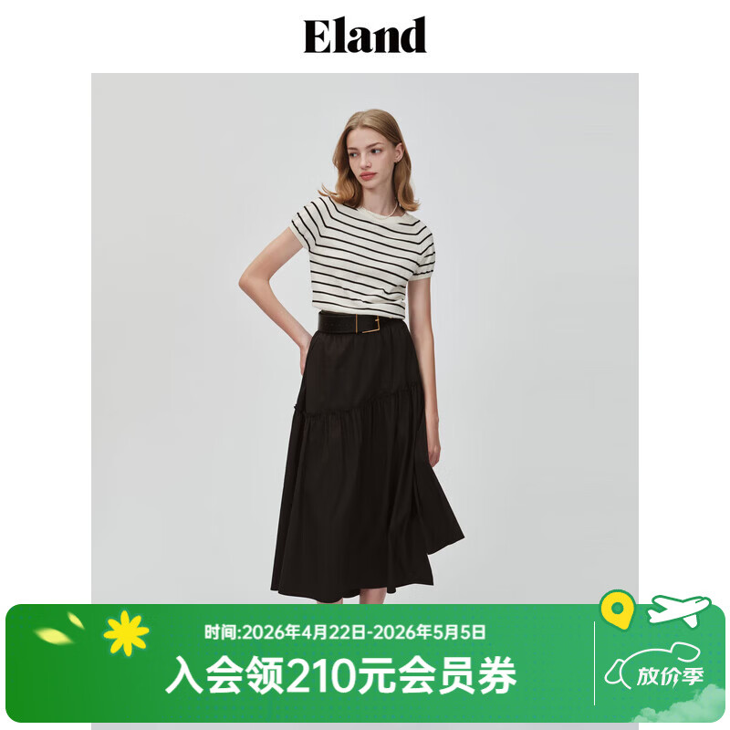 ELAND衣恋半身裙女纯色不对称荷叶边松紧腰抽褶半裙夏季新款 黑色(19)Black M 165