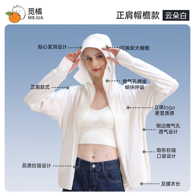觅橘正肩手套帽檐防晒衣轻薄可拆卸透气夏外轻薄宽松运动冰丝外套 帽檐正肩款-云朵白 M F码适合165cm以下，130斤以下