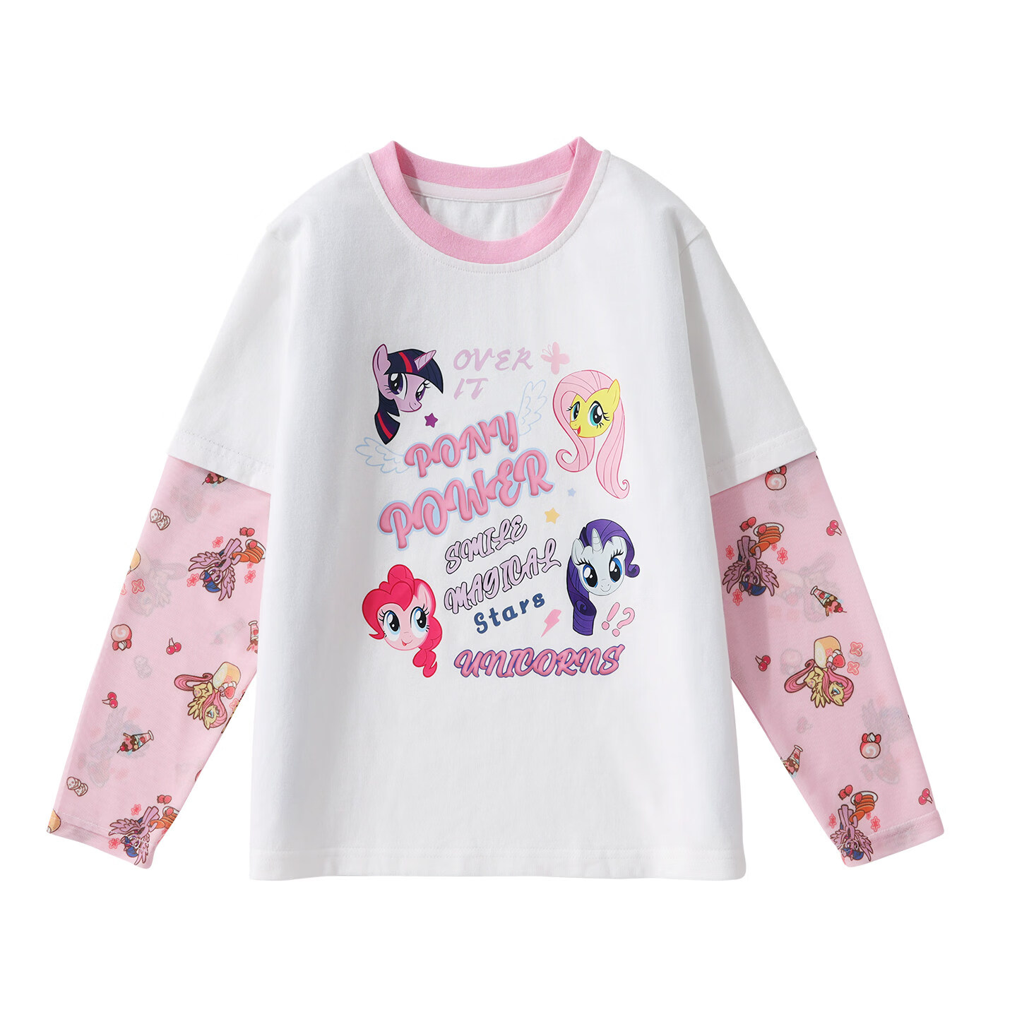 小马宝莉（MY LITTLE PONY）2026夏季新款女童套装中大童长袖t恤短裤元气多巴胺套装 夏日多巴胺长袖短裤套装粉色 140 140cm