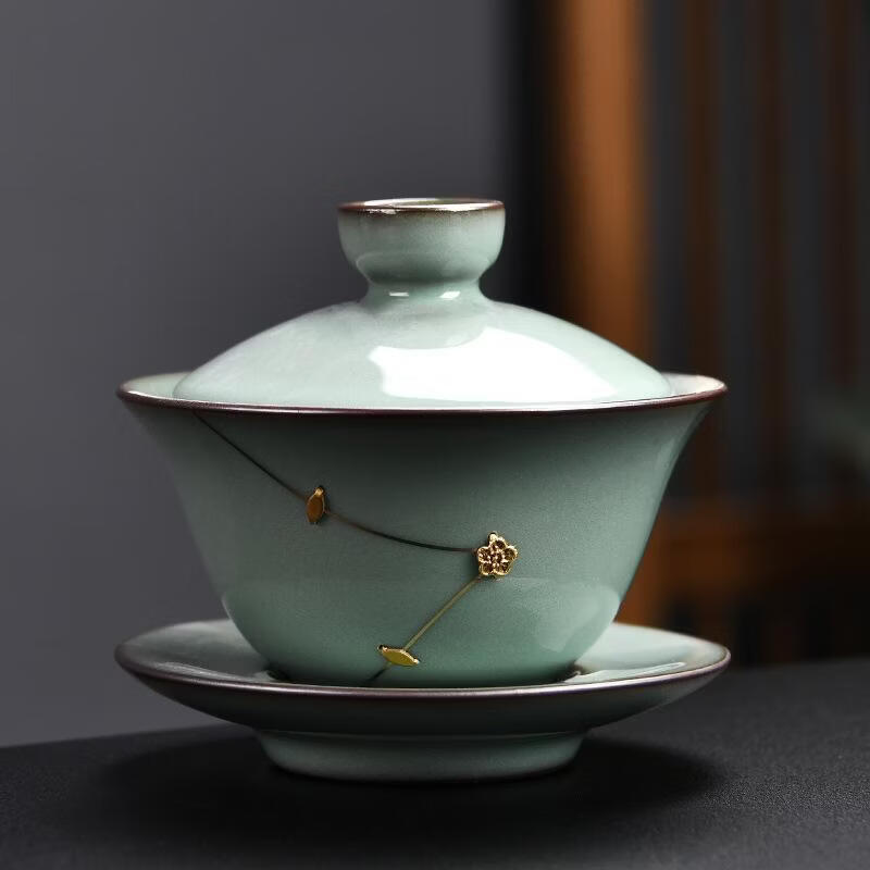 琦轩源官窑茶具单品茶壶盖碗公道杯陶瓷三才盖碗功夫茶具配件批发logo 169136官窑锔钉盖碗-草绿 规格