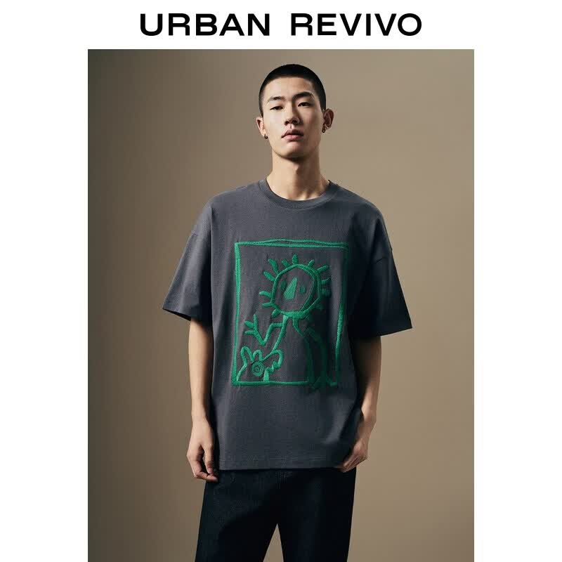 UR2026夏季新款男装时髦休闲撞色棉刺绣印花短袖T恤UMM460023+ 深灰 L