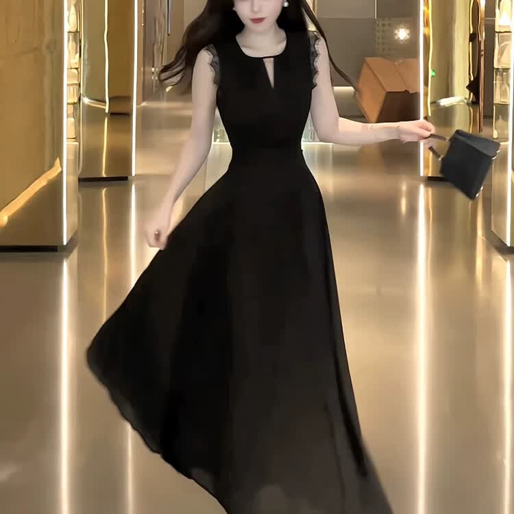 GOYN黑色蕾丝连衣裙女26夏季新款气质巨好看收腰显瘦长裙 琥珀黑 XL 120-130斤