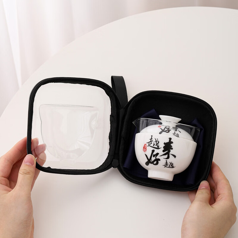 星舵户外旅行茶具一壶两杯功夫茶具便携快客杯国潮文创商务礼品印logo 羊脂玉简白-透明玻璃公杯-小黄包