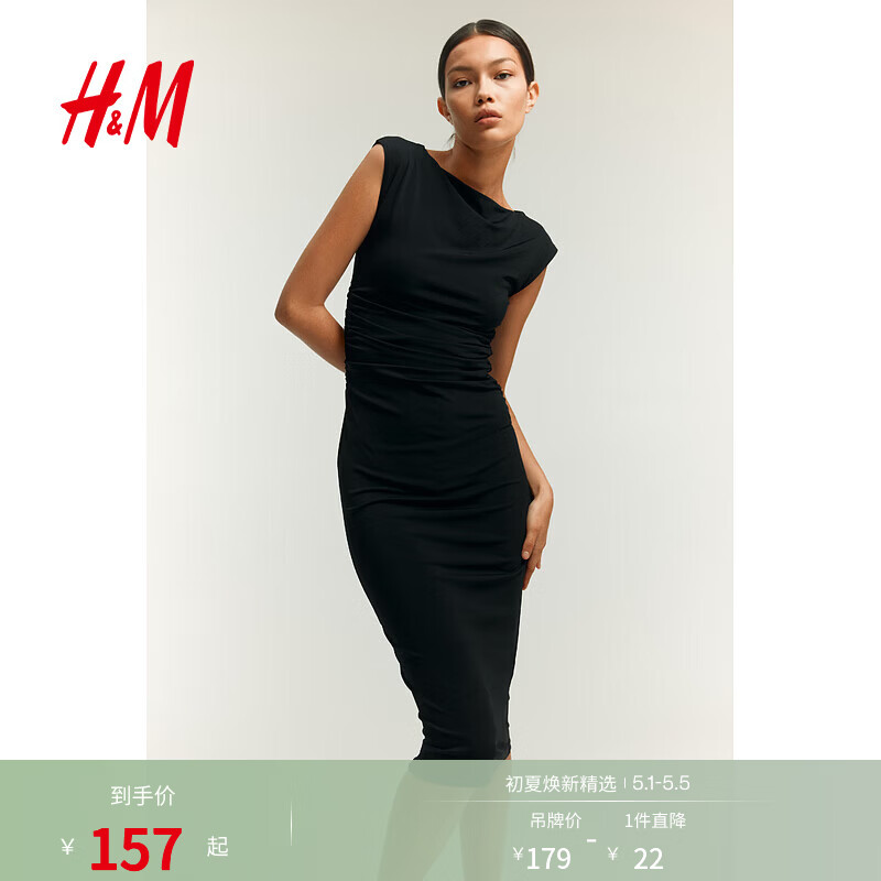 H&amp;M女装连衣裙夏季时尚一字领修身盖袖中长裙静奢风连衣裙1239334 黑色 S 160/88