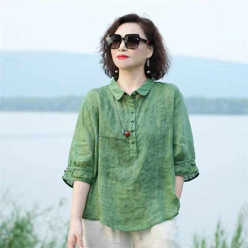 2026衬衫衬衣新款宽松显瘦女士夏季薄款棉麻上衣小衫中年妈妈洋气 薄荷绿 2XL 【建议105-120斤】