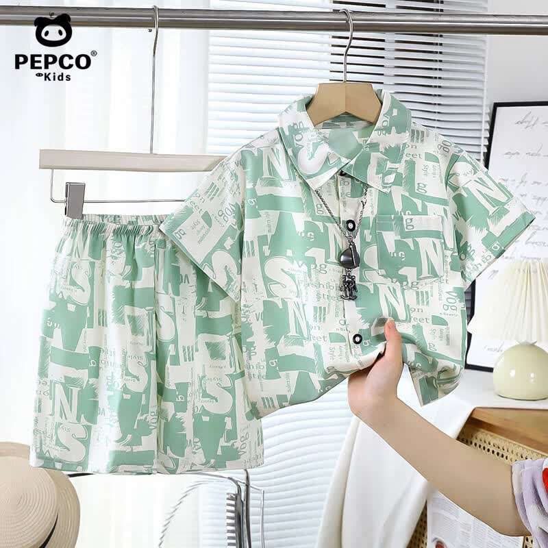 小猪班纳（PEPCO）新款儿童套装宝宝短袖短裤国风两件套儿童休闲透气凉爽沙滩服 2403衬衣套装海报绿 120