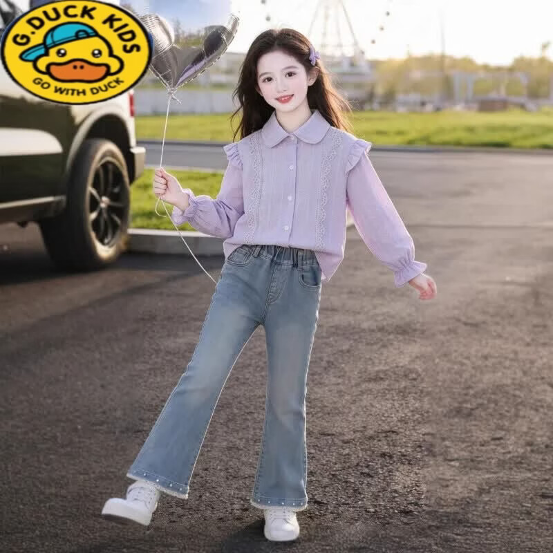 G.duck女童衬衫2026新款春秋装儿童洋气时尚衬衣小女孩春装长袖上衣童装 紫色提花衬衫 110 建议身高100cm