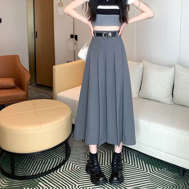 YOUNVFR新款高级感高腰百褶长裙子显瘦A字小众设计感西装时尚中长款气质 【黑色】 高品质 送腰带 XL （适合115--125斤）