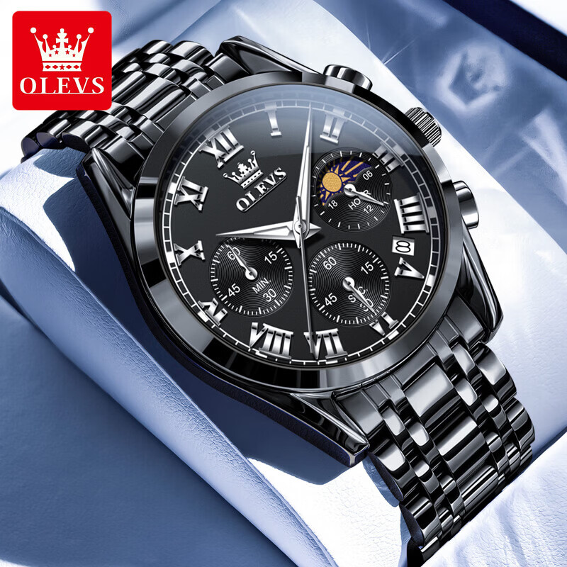 欧利时（OLEVS）瑞士认证品牌十大名表2026新款手表男石英表夜光防水商务男士手表 典藏版2871钢带全黑 免费刻字 终身质保
