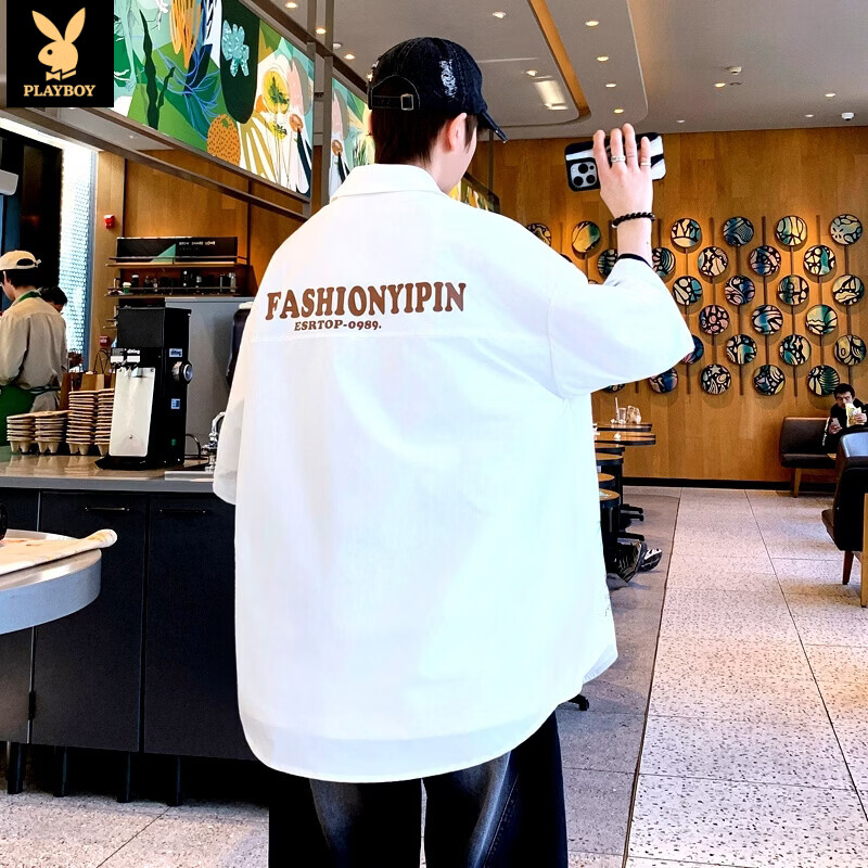 花花公子（PLAYBOY）青少年短袖衬衫男2026夏季潮流宽松衬衣外套休闲百搭上衣服男装 C201米白色 4XL