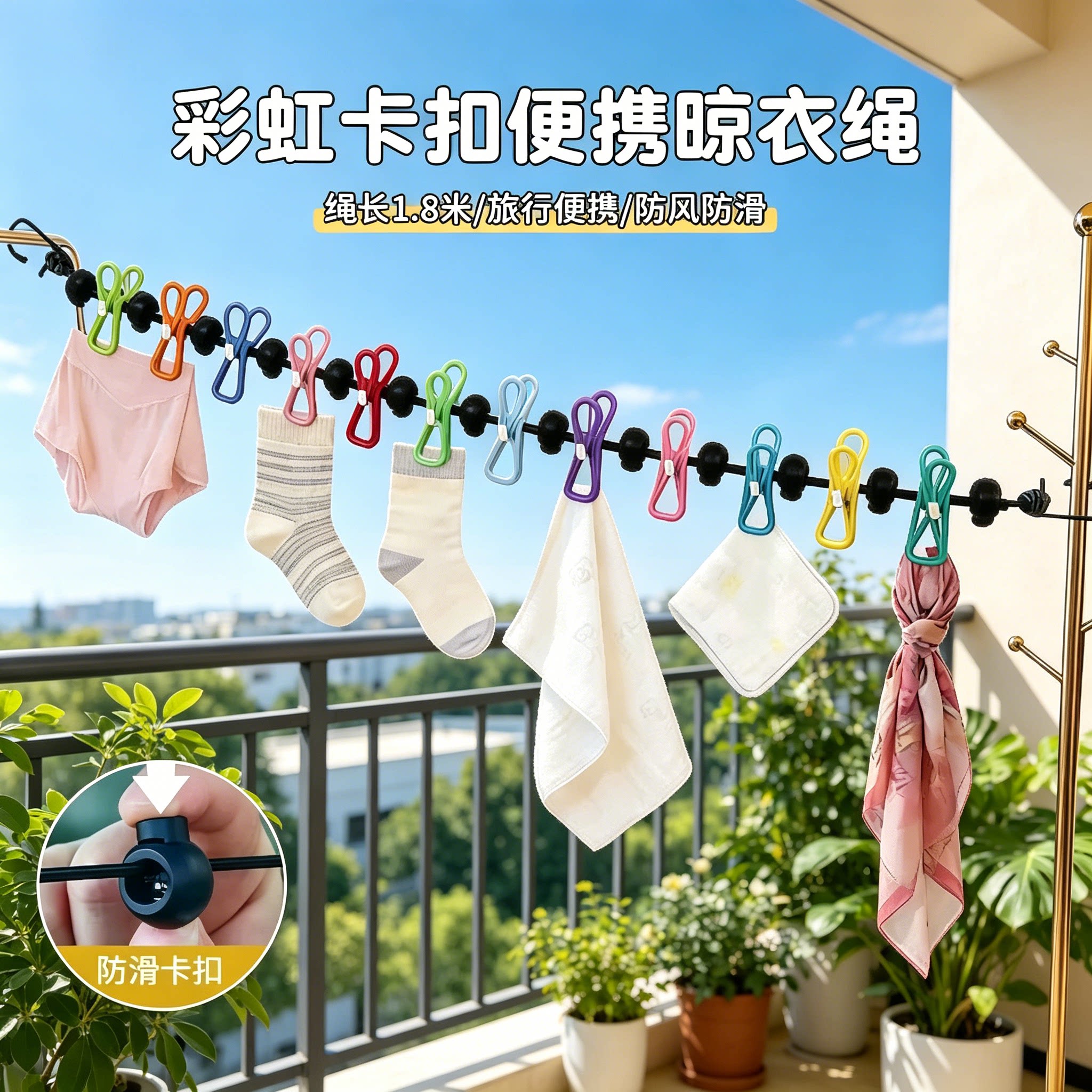 首力彩虹卡扣便携晾衣绳旅行可伸缩免打孔防风晒衣绳露营晾衣架弹力绳 差旅套装【彩色晾衣绳+10个折叠衣架+收纳袋】