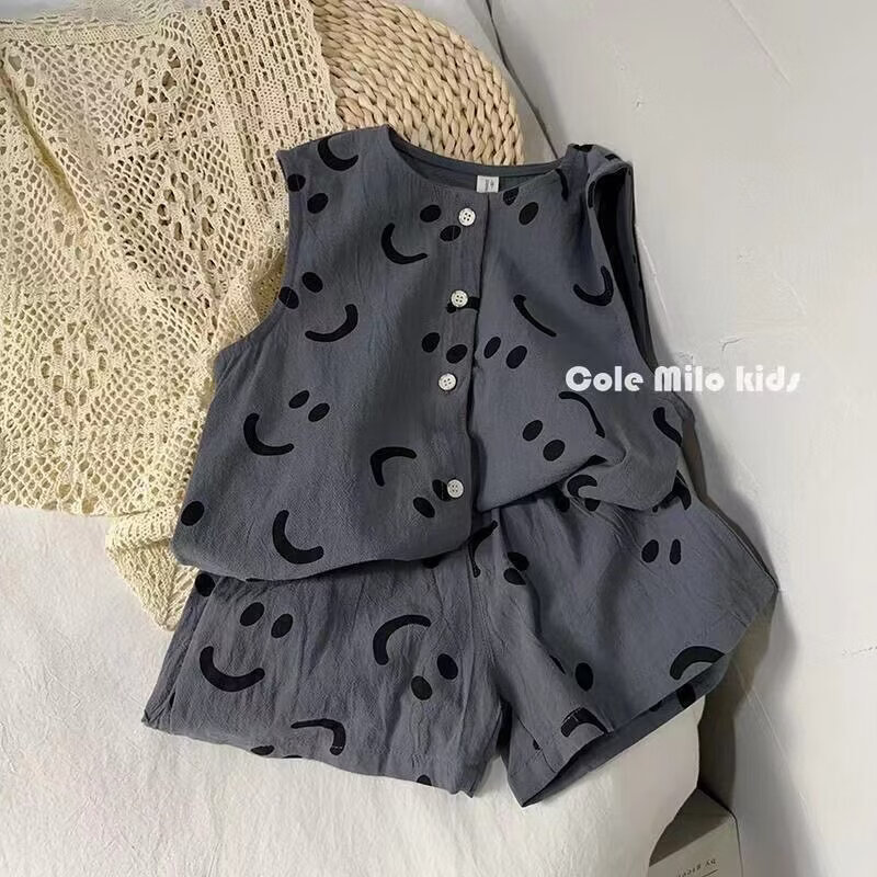 恳虎男女童套装夏季新款儿童无袖背心两件套薄款婴儿上衣宝宝短裤T恤 灰色笑脸 80 cm