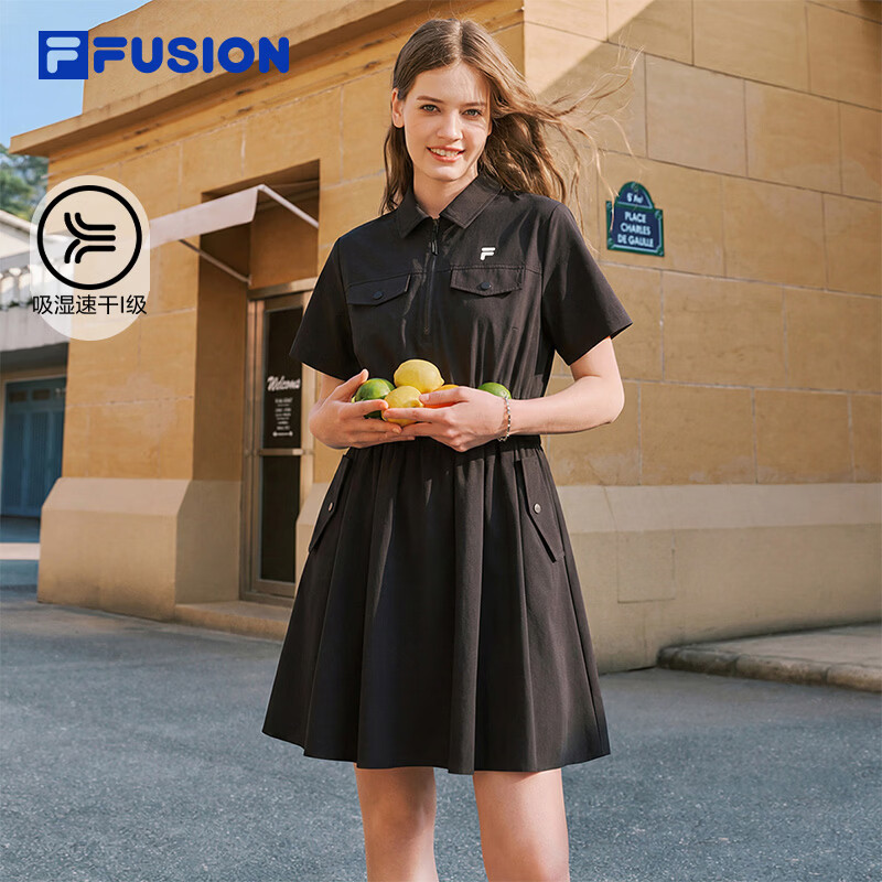 FILA FUSION斐乐潮牌女子梭织连衣裙2026夏季新款吸湿速干工装裙 正黑色-BK L 170/88A/L