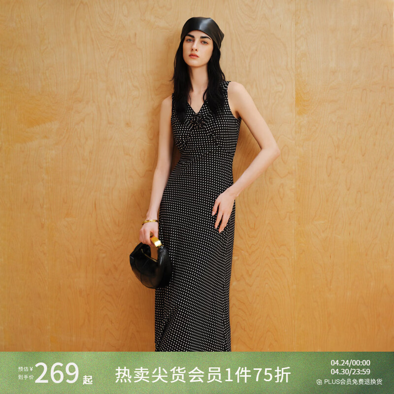 自巧波点系列 小个子复古立体花朵掐腰无袖连衣裙女2026夏季新款 黑底白点 XXS （尺码：1）