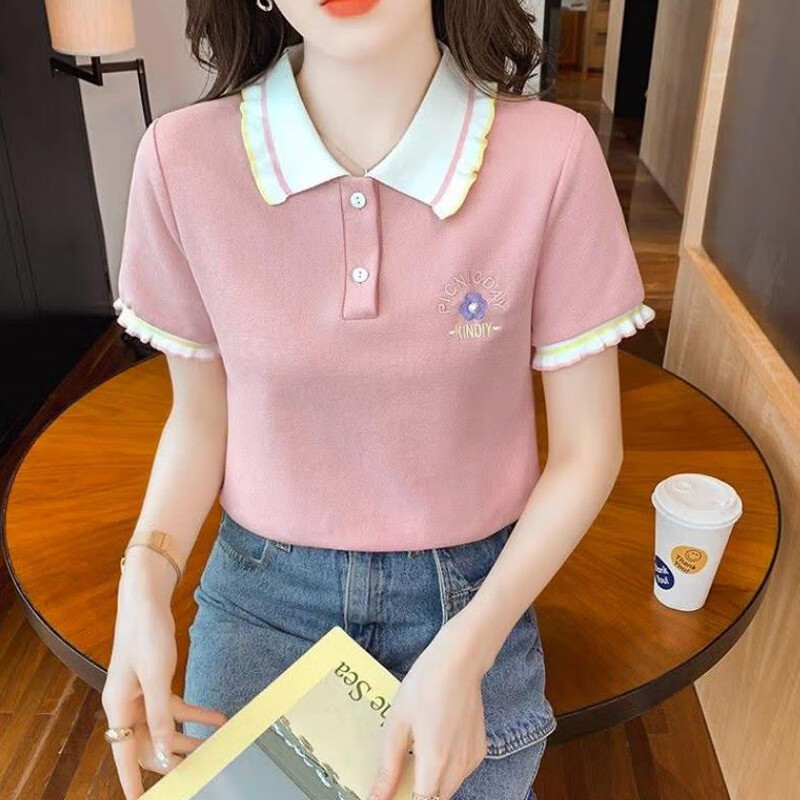蝴蝶曼Polo衫娃娃领钉珠短袖t恤女2026夏季新款针织字母刺绣减龄上衣 粉色 均码 【建议110斤以下穿】