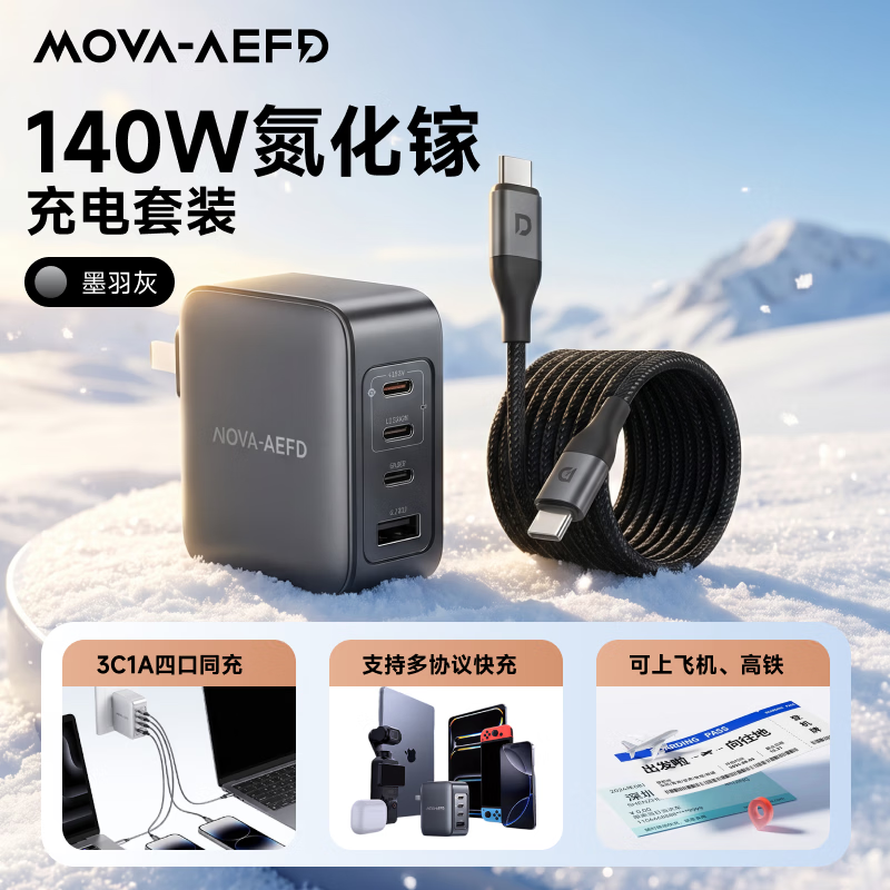 MOVA-AEFD   【MOVA充电器】低温快充充电头140w氮化镓充电器多口快充PD3.0适用苹果华为三星苹果充电器 墨羽灰【赠送240w快充线】
