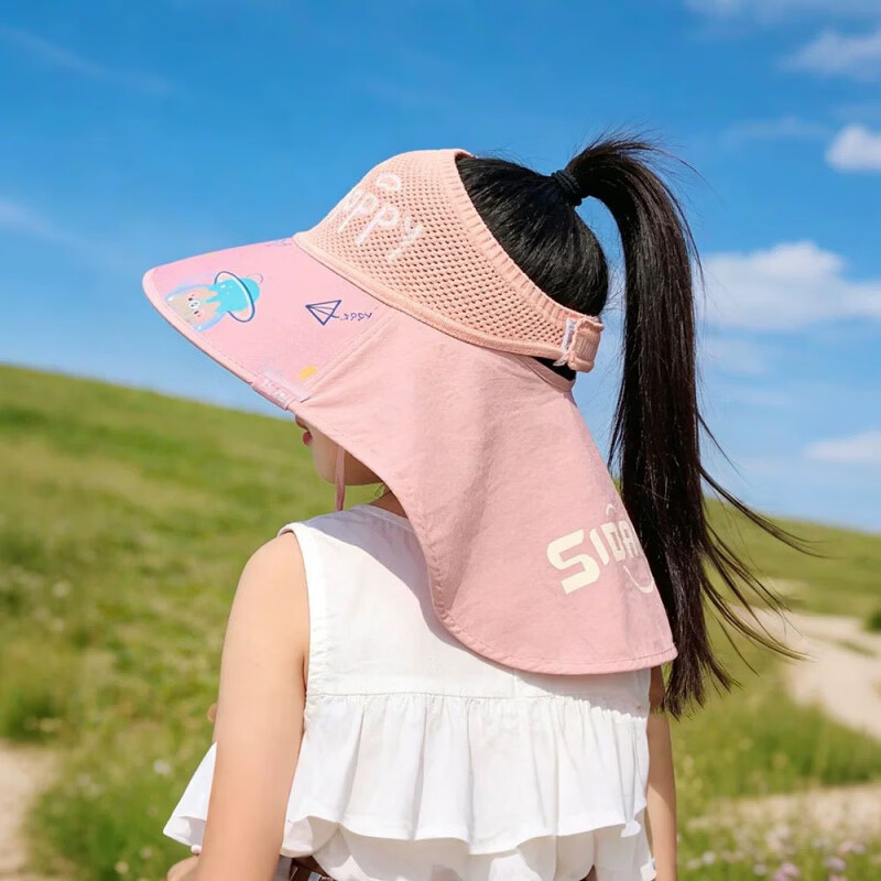 G.duck小黄鸭儿童防晒帽男女童夏季大檐遮阳帽女孩可扎马尾透气户外空顶 星球-粉色 3-13岁帽围48-56cm可调节