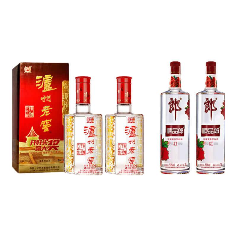 郎酒顺品郎红顺 一升红顺 53度1L*2瓶 白酒组合 52度 500mL 2瓶 泸州老窖 六年窖头曲+顺品郎一升红顺