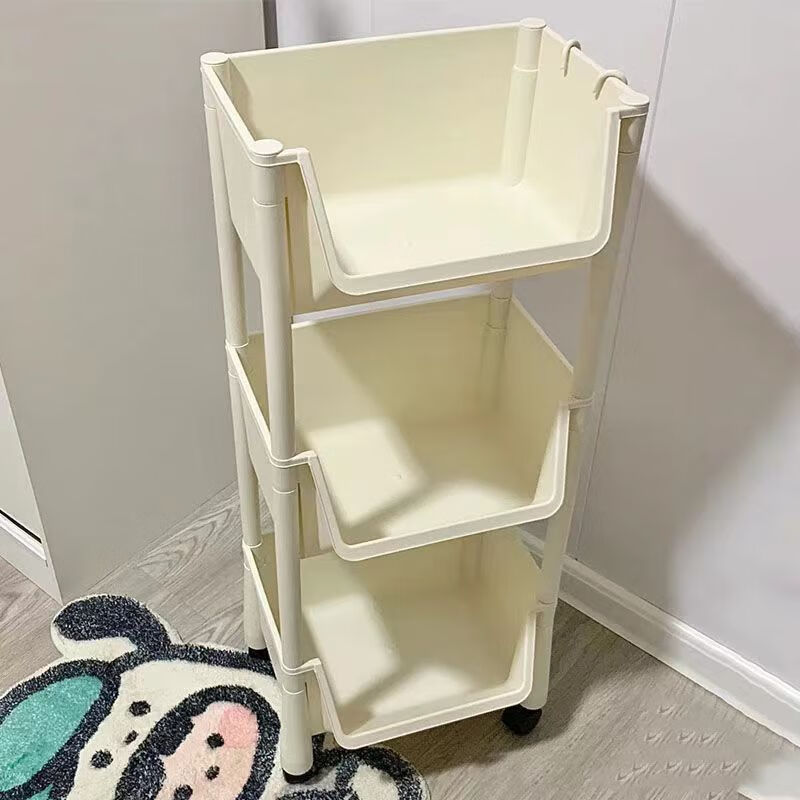 小推车置物架家用零食落地多层客厅整理收纳书架移动果蔬菜架 三层白[无盖款]送轮子+4挂钩