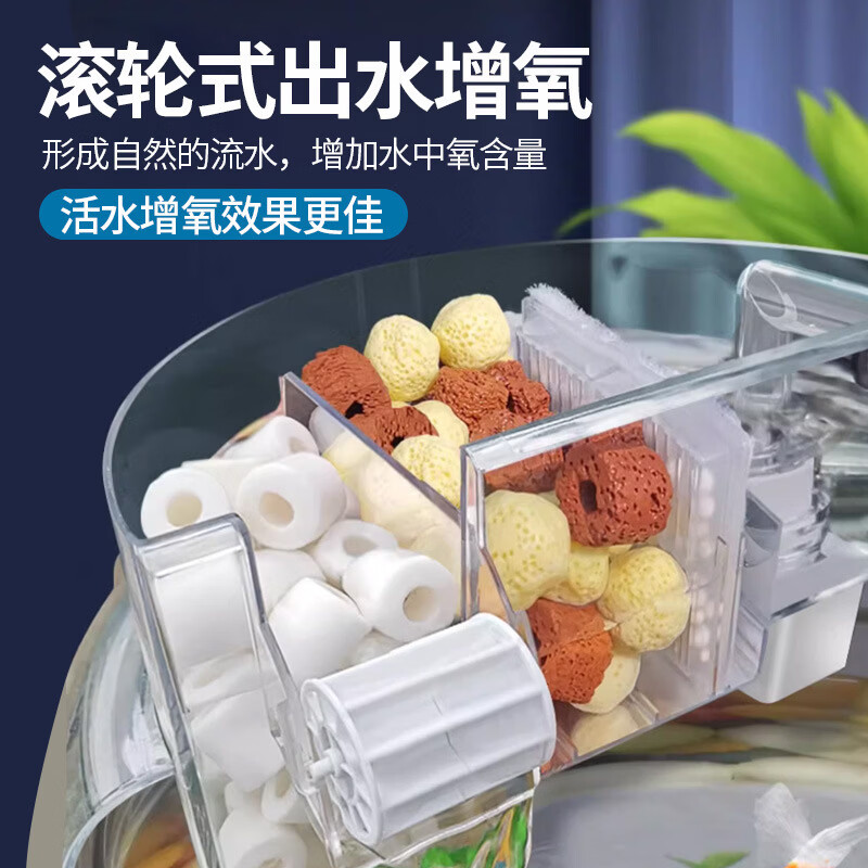 圆形鱼缸过滤器圆鱼缸专用加氧净水过滤循环一体圆柱缸滴流盒 特大升级版+USB夹灯【送滤材】