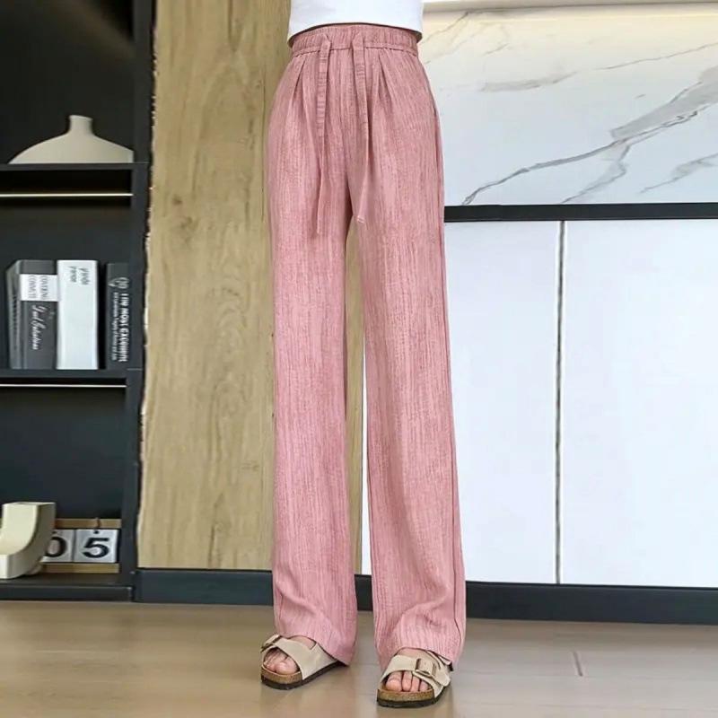 BURQAMARCH冰丝阔腿裤女夏季薄款扎染褶皱肌理感休闲裤子高腰抽绳纯色直筒裤 黑色 XL （建议120-140斤）
