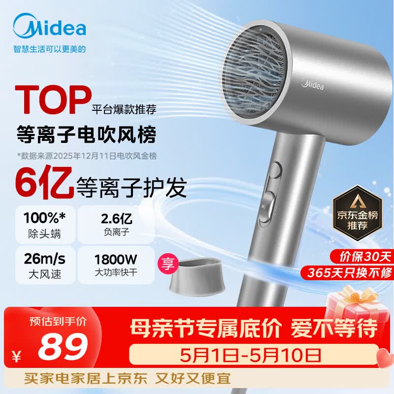 美的（Midea）6亿等离子护发电吹风 家用负离子护发吹风筒 1800W大功率快干吹风机 FJ308银 国家补贴 生日礼物